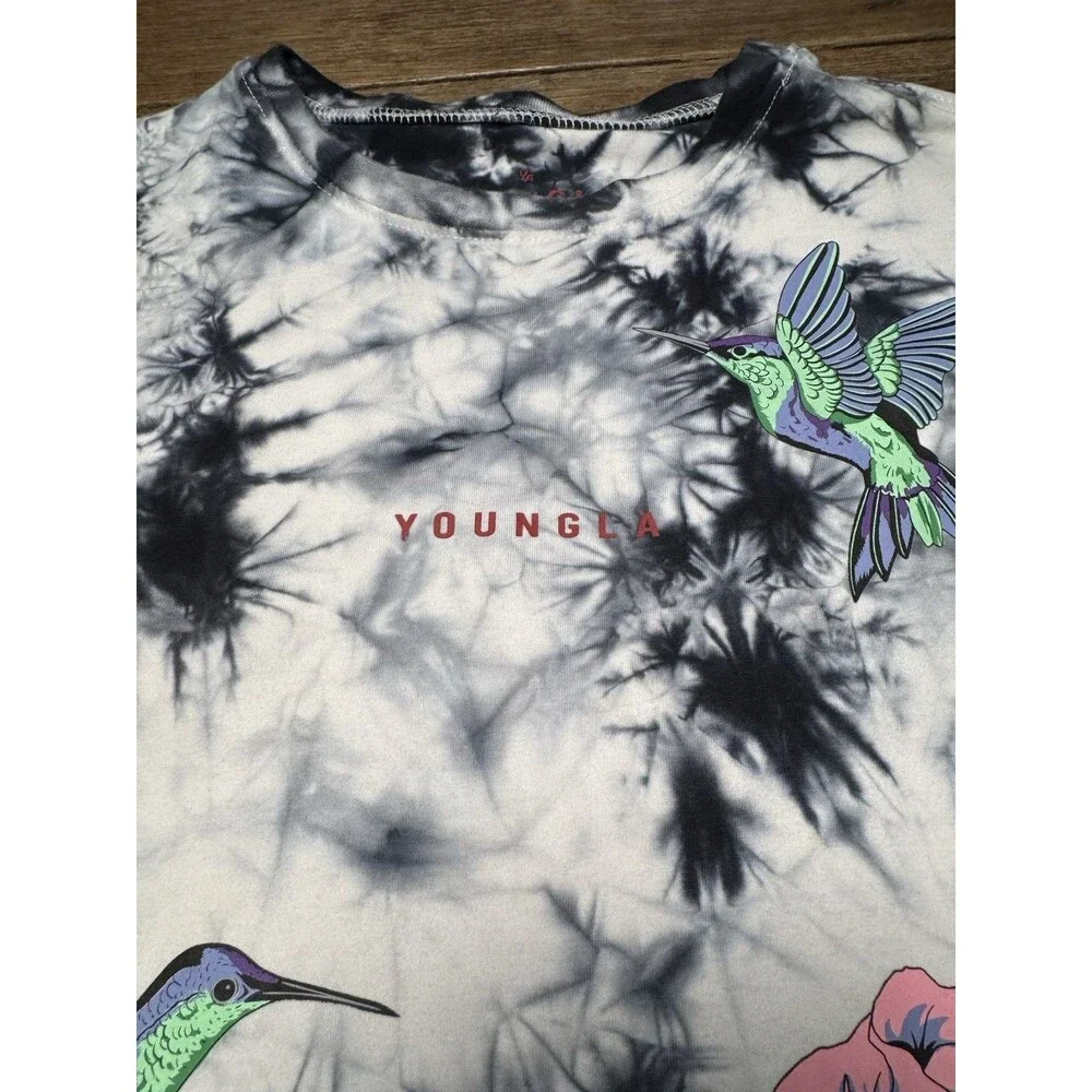 Youngla Shirt Mens Small Black White Tie-Dye Floral Hummingbird Short Sleeve - Picture 3 of 7